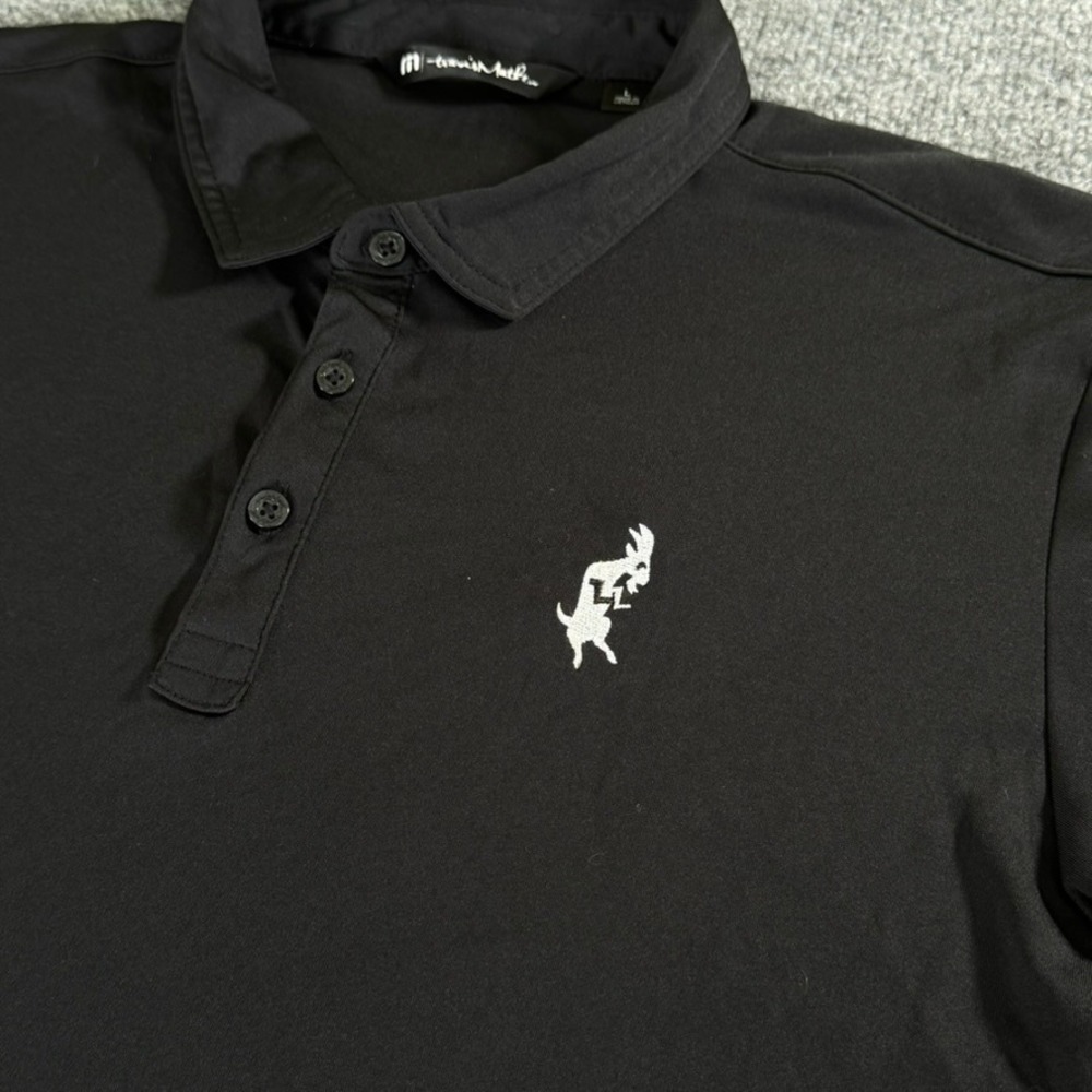 TravisMathew Polo Shirt Mens Large Goat Logo Polyester Performance Black Modern